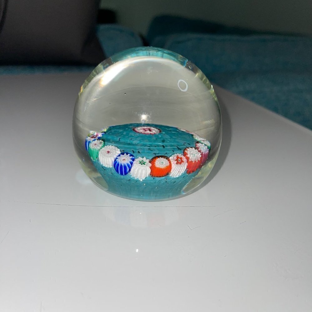 Vintage Millefiori Art Glass Turquoise Multicolor Paperweight Collectible - Picture 2 of 15